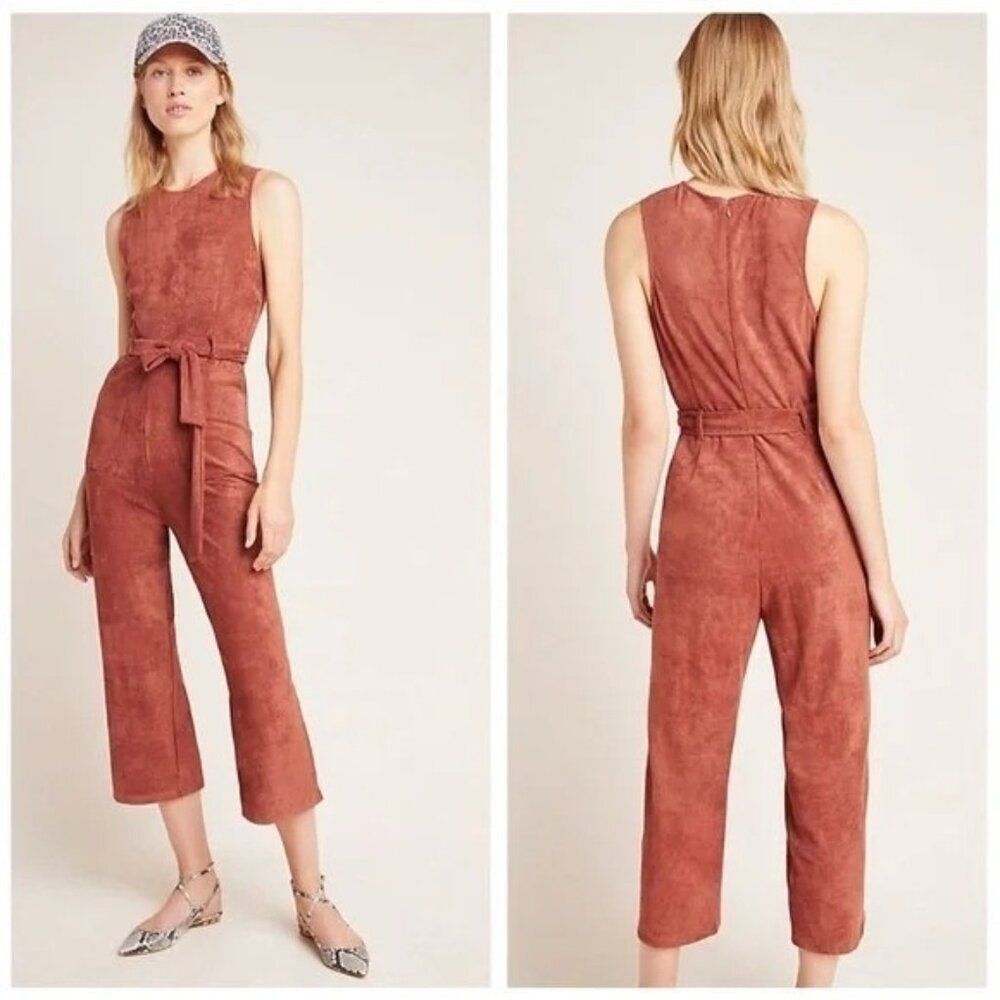 ANTHROPOLOGIE Women's Medium Faux Suede Jumpsuit Chestnut Pockets